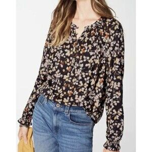 J Jill Black Floral Popover Top L Petite Smocked Wrist Casual Office Boho